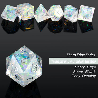 Sharp Edge Dice Set l Transparent with Silver Numbers
