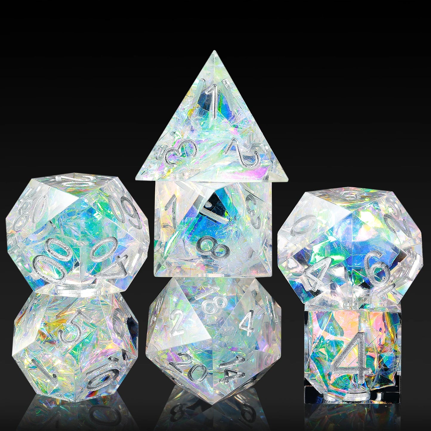 Sharp Edge Dice Set l Transparent with Silver Numbers