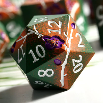 Plum Blossom Dice Set - Matte green and orange with purple flowers