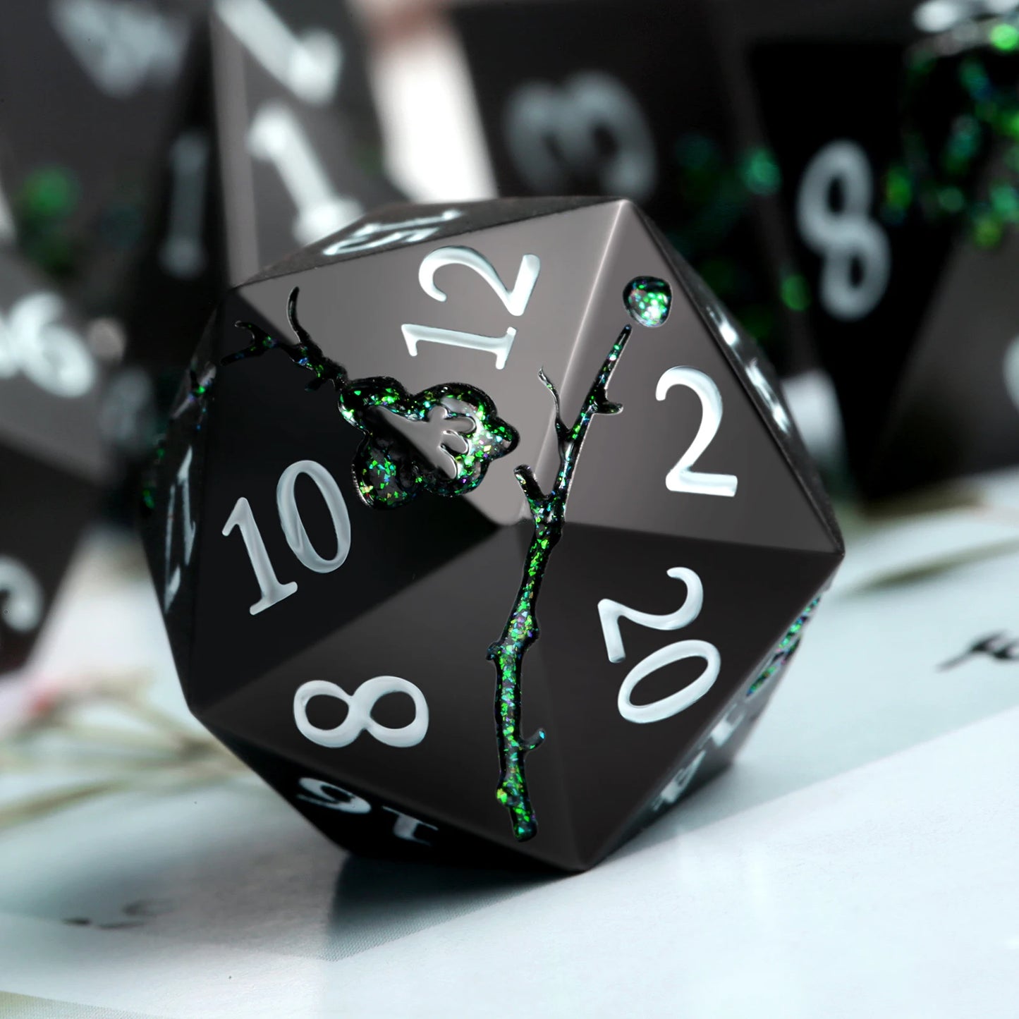 Plum Blossom Dice Set - Matte Black & Glitter Green