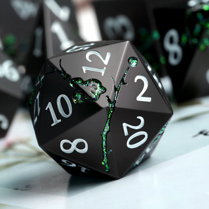 Plum Blossom Dice Set - Matte Black & Glitter Green