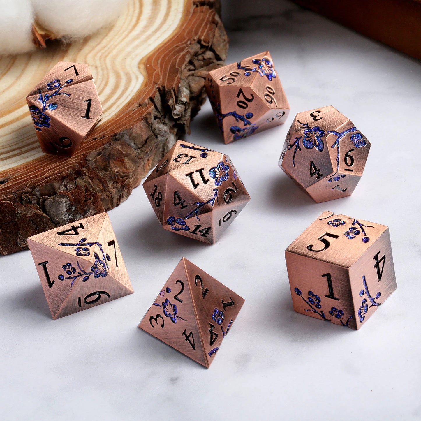 Plum Blossom Dice Se – Copper with Glitter Blue