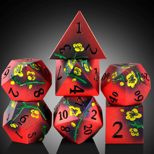 Plum Blossom Dice Set -  Matte Red & Black with yellow flowers