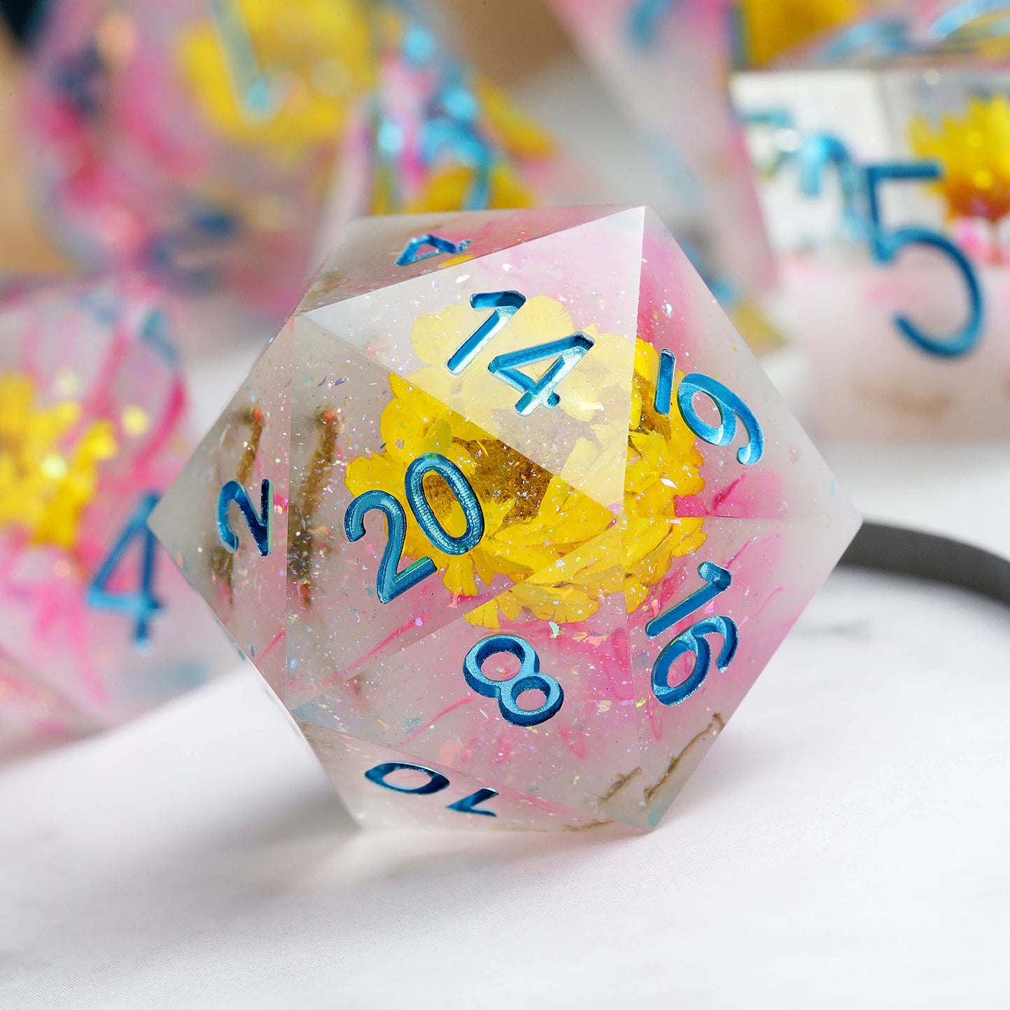 Sharp Edge Dice – Yellow Flower with Pink Swirl