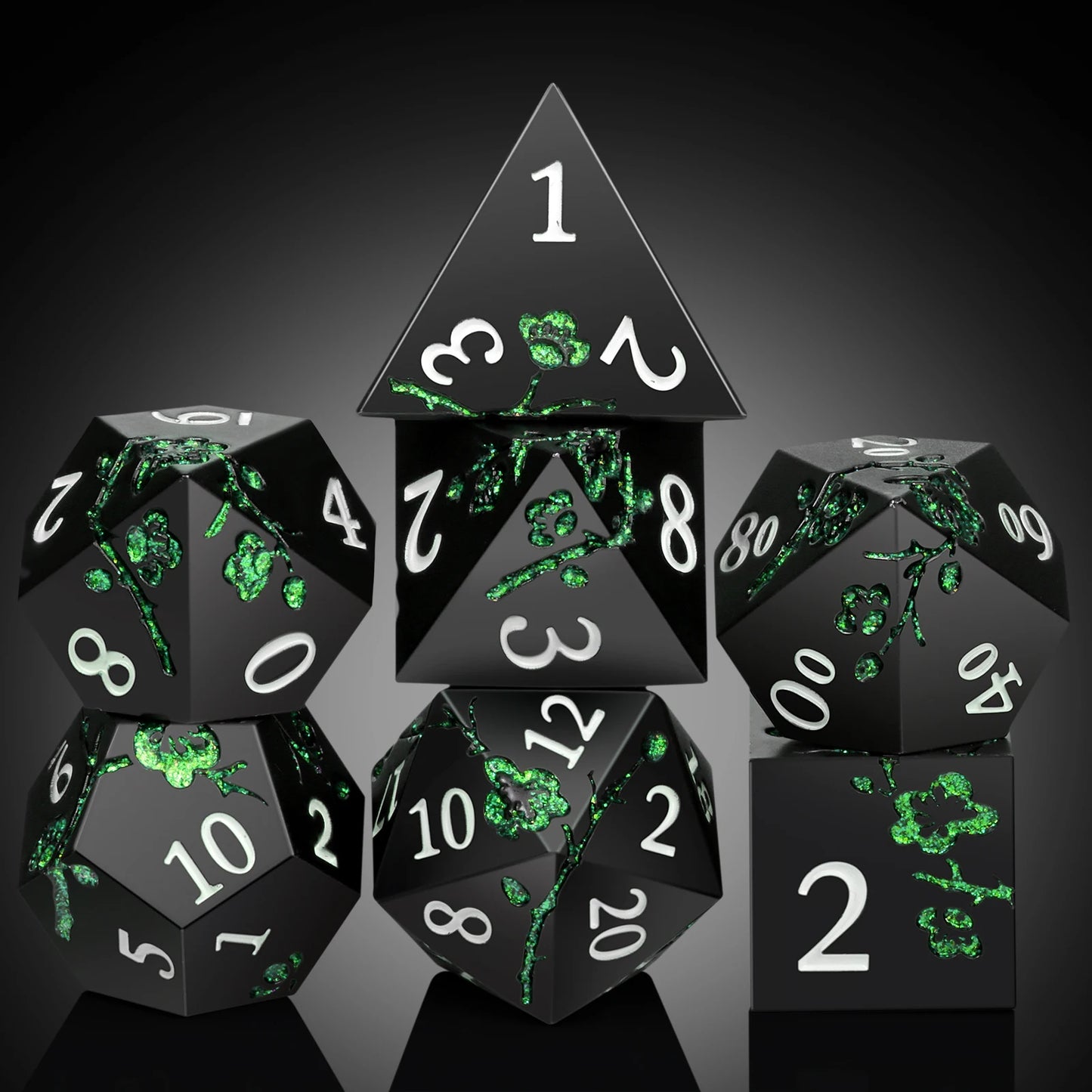 Plum Blossom Dice Set - Matte Black & Glitter Green
