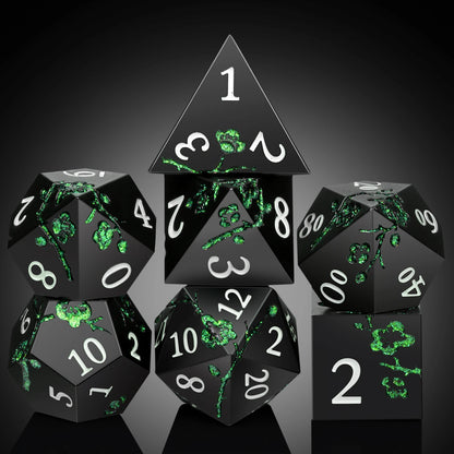 Plum Blossom Dice Set - Matte Black & Glitter Green