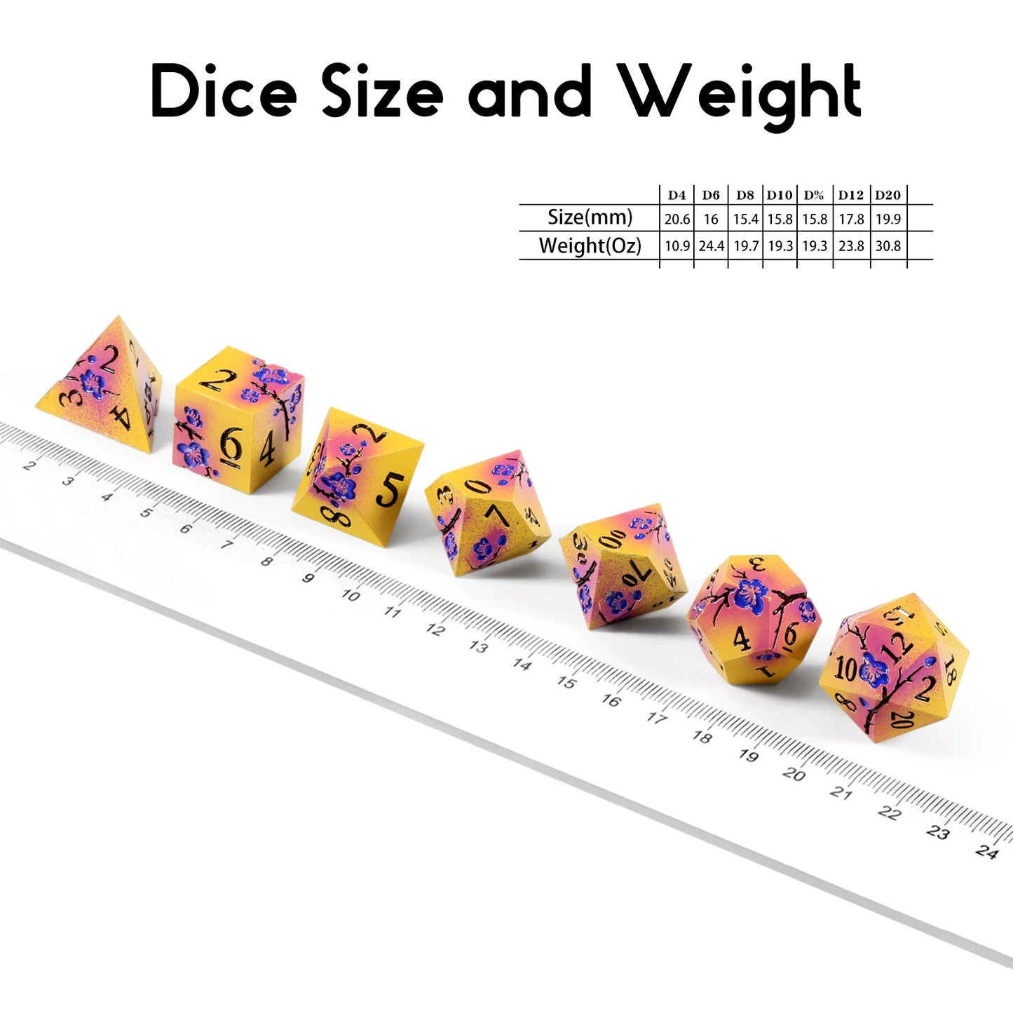 Plum Blossom Dice Set - Matte yellow-violet with blue flowers