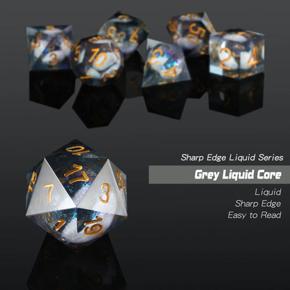 Sharp Edge Dice Set l Shiny Grey Liquid Core with gold numbers