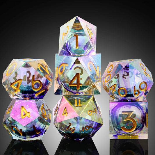 Shar Edge Dice Set - Shiny White liquid core with Rainbow iridescent plating
