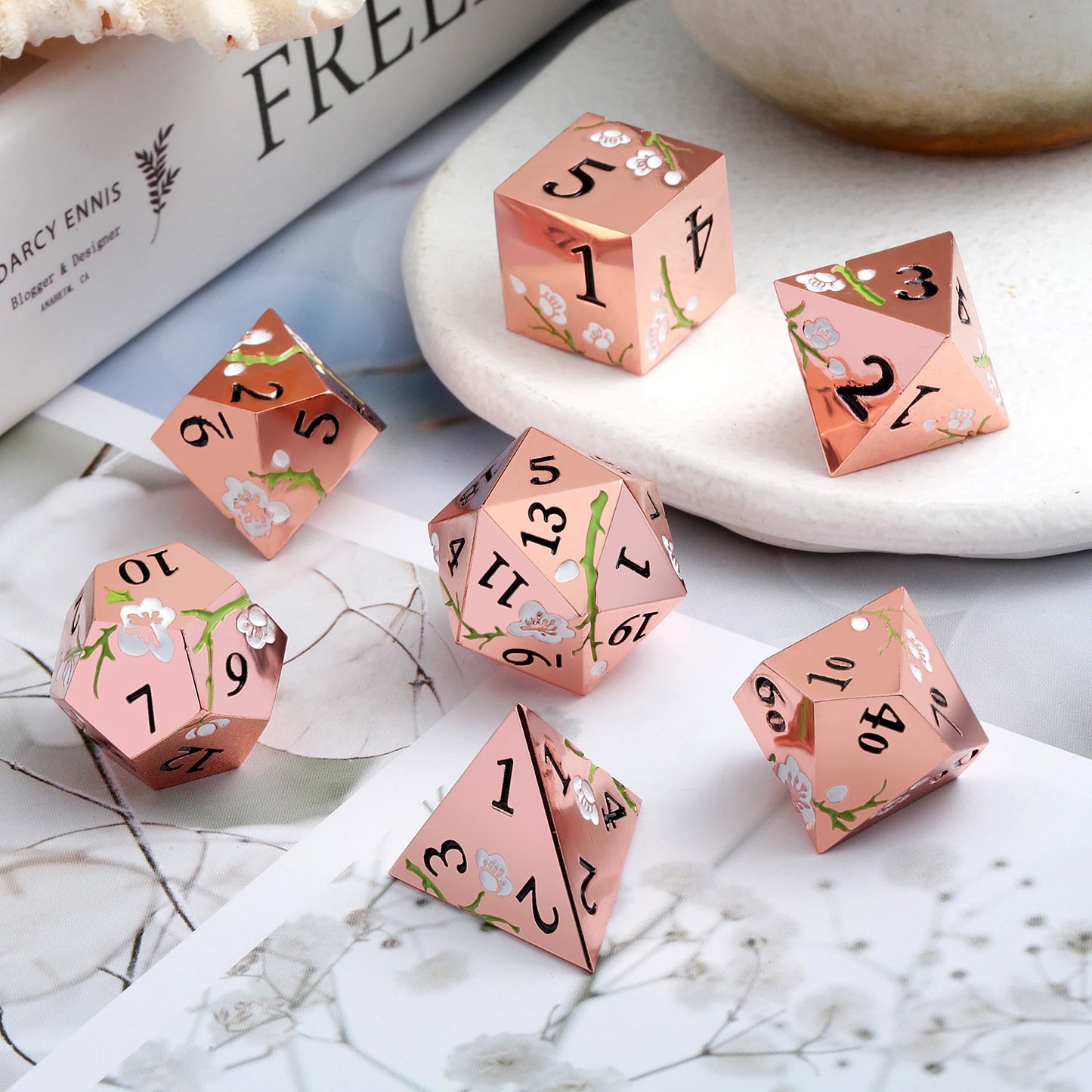 Plum Blossom Dice Set -  Rose Gold with White