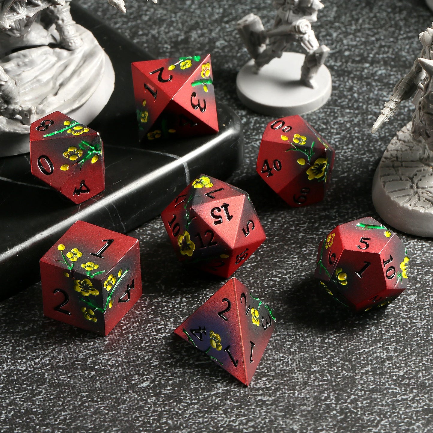 Plum Blossom Dice Set -  Matte Red & Black with yellow flowers