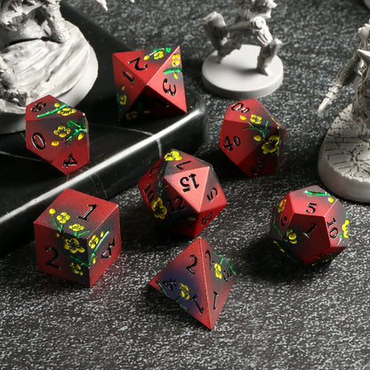 Plum Blossom Dice Set -  Matte Red & Black with yellow flowers