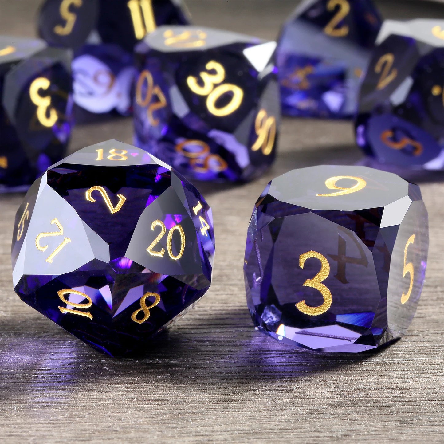 Glass Dice Set – Diamond-Cut Purple