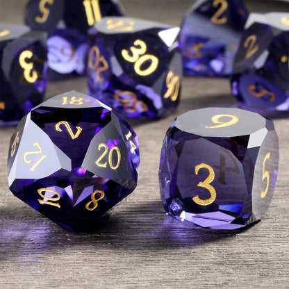Glass Dice Set – Diamond-Cut Purple
