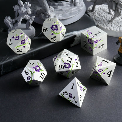 Plum Blossom Dice Set - Silver with Purple