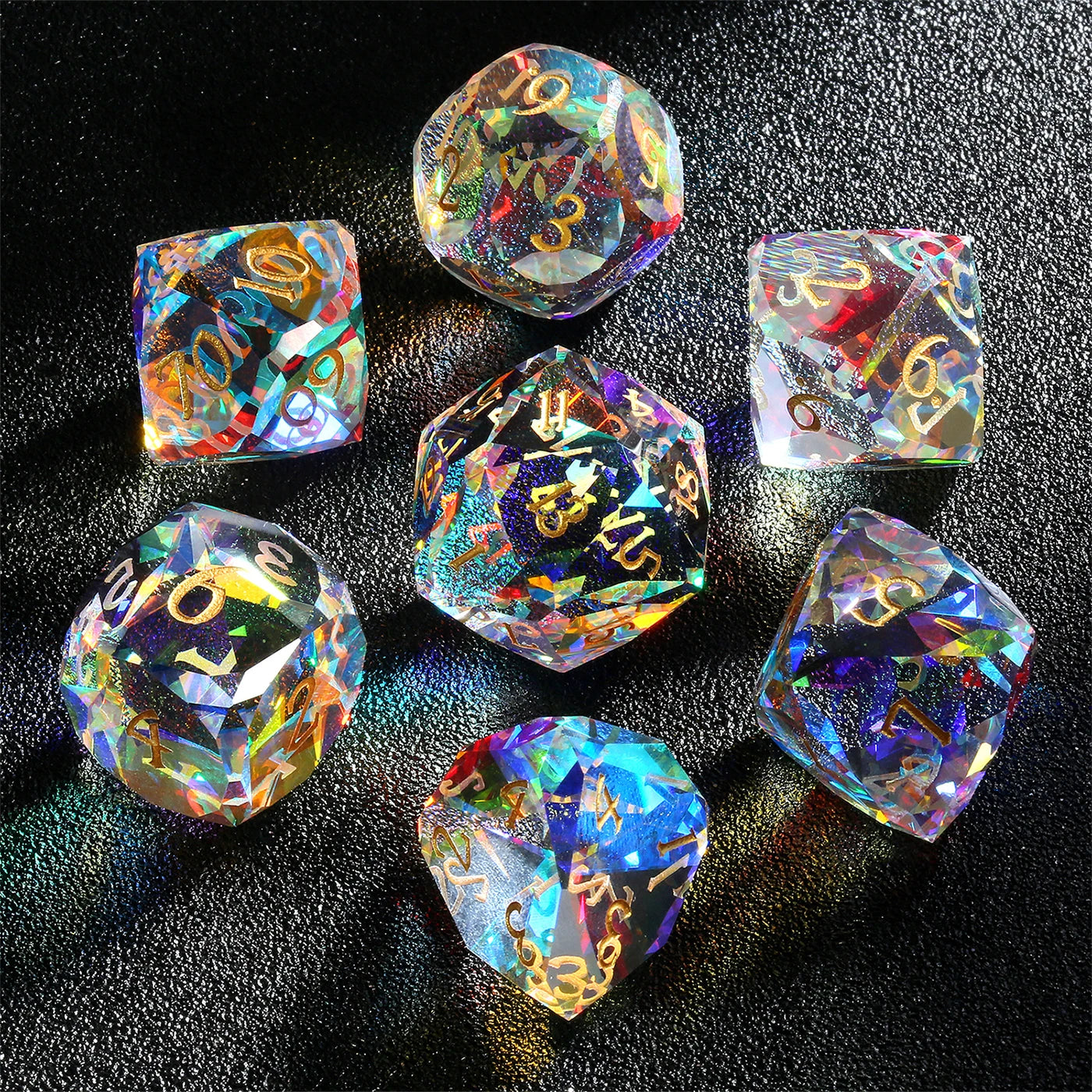Glass Dice Set – Diamond-Cut Polyhedral Prismatic