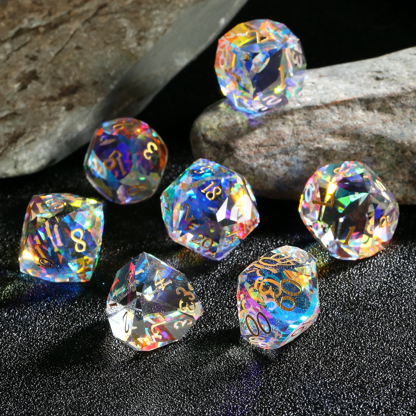 Glass Dice Set – Diamond-Cut Polyhedral Prismatic