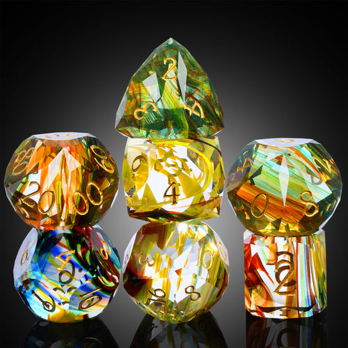 Glass Dice Set -Diamond-Cut Multicolor Polyhedral