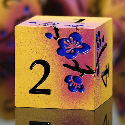 Plum Blossom Dice Set - Matte yellow-violet with blue flowers