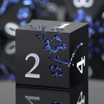 Plum Blossom Dice Set -  Black & Glitter Blue Flower
