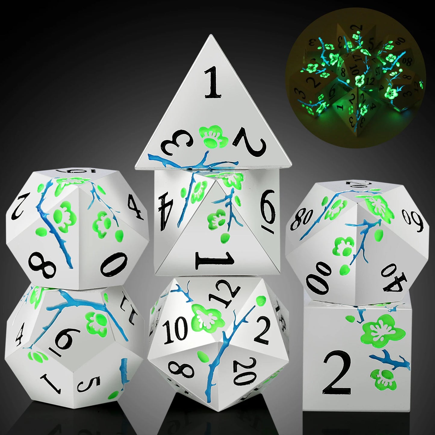 Plum Blossom Dice Set - Glow-in-the-Dark Green
