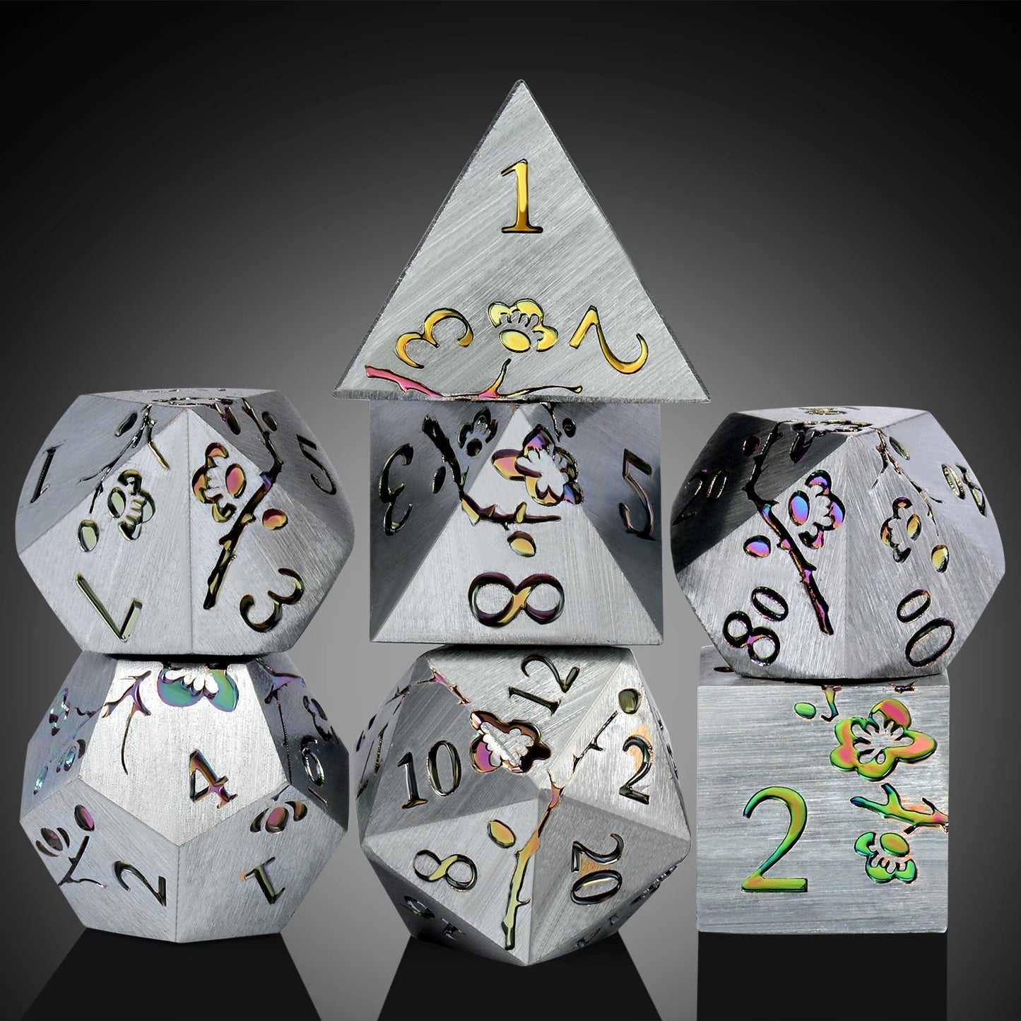 Plum Blossom Dice Set - Silver with rainbow