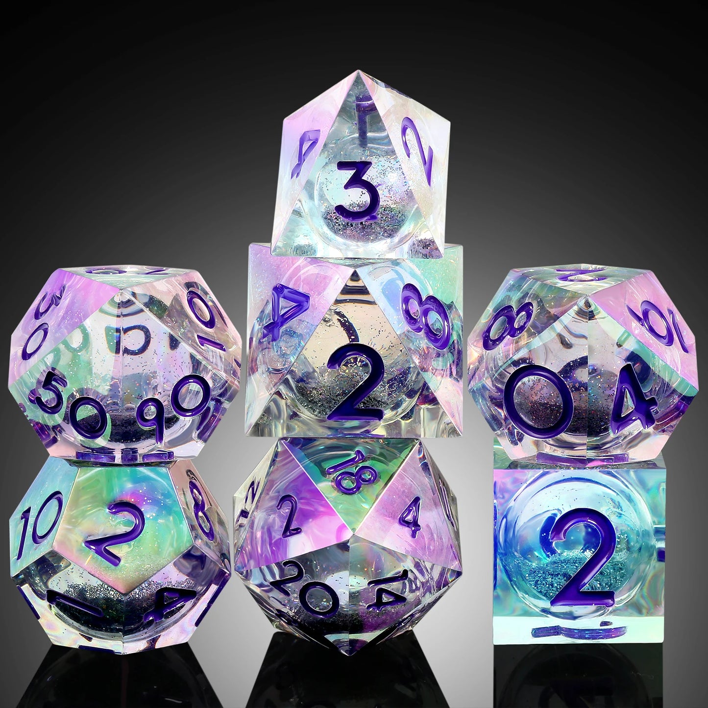 Sharp edge Dice Set - Rainbow Iridescent White Liquid Core