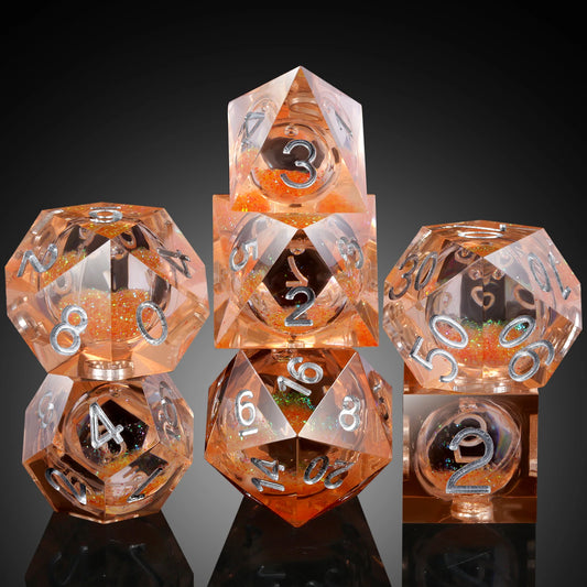 Sharp Edge Dice Set l Shiny Orange Liquid Core