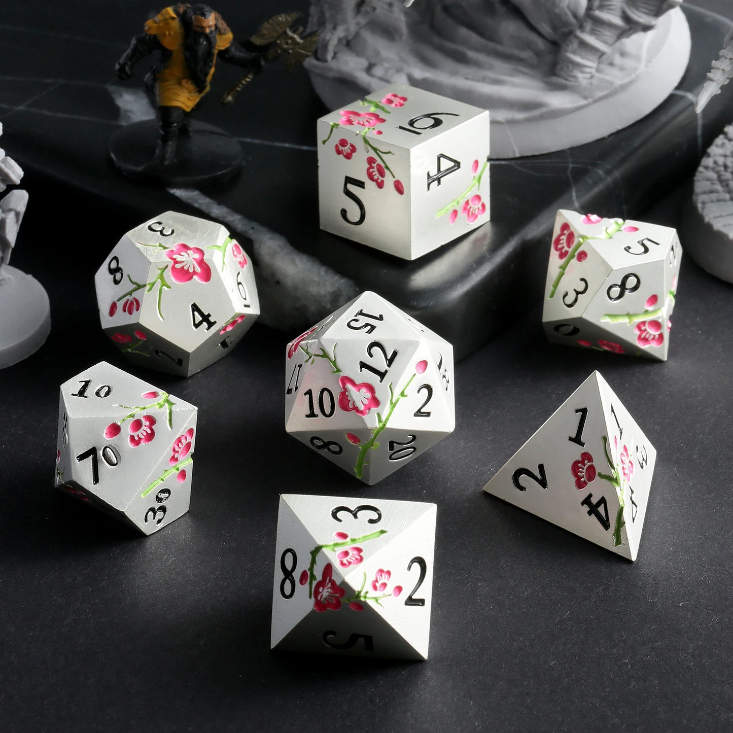 Plum Blossom Dice Set -Silver with Pink