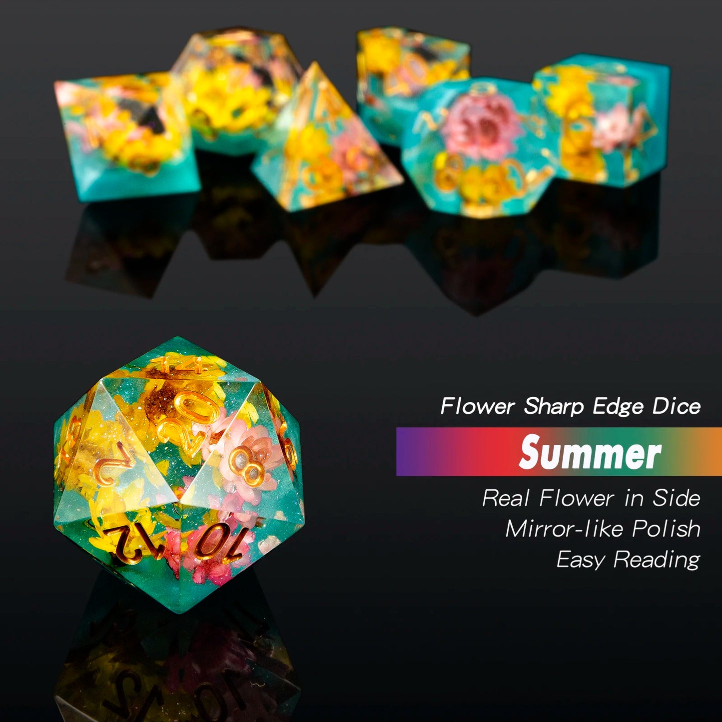 Sharp Edge Dice Set -Yellow and pink Flowers
