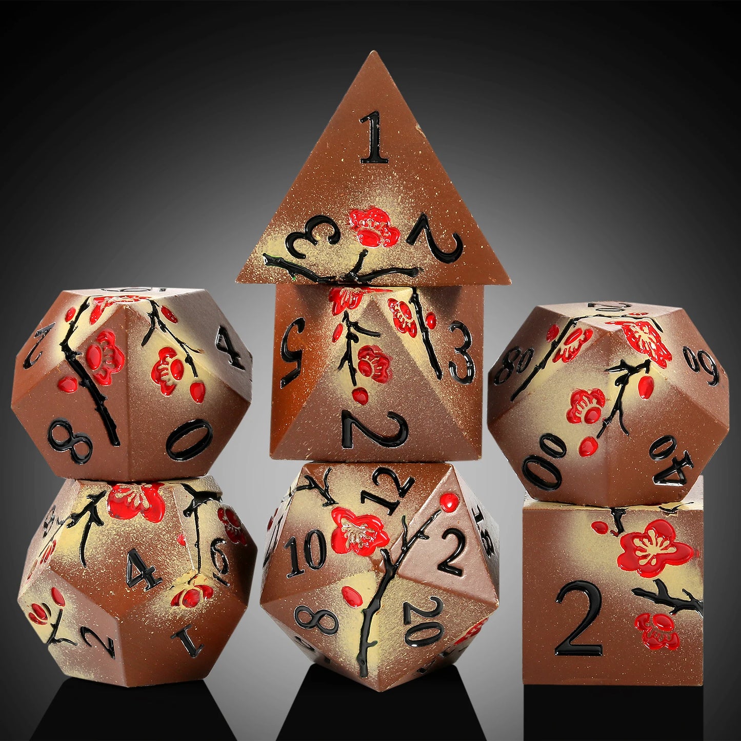 Plum Blossom Dice Set -  Matte Brown & Red
