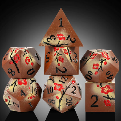 Plum Blossom Dice Set -  Matte Brown & Red