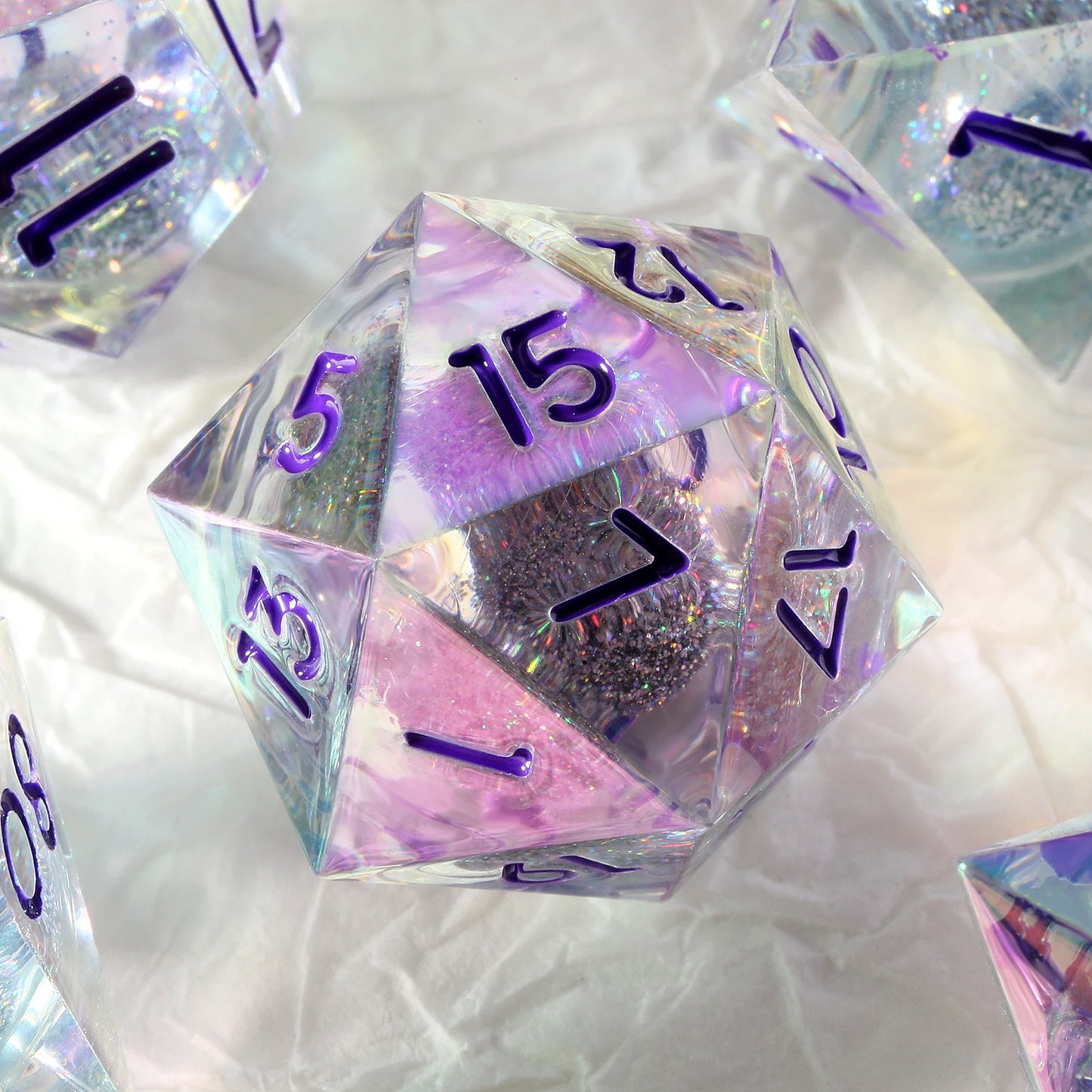 Sharp edge Dice Set - Rainbow Iridescent White Liquid Core