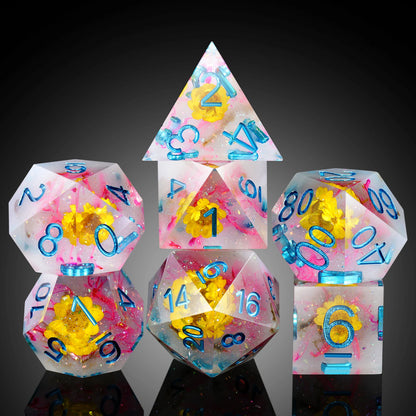 Sharp Edge Dice – Yellow Flower with Pink Swirl