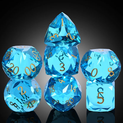 Glass Dice Set – Diamond-Cut Blue