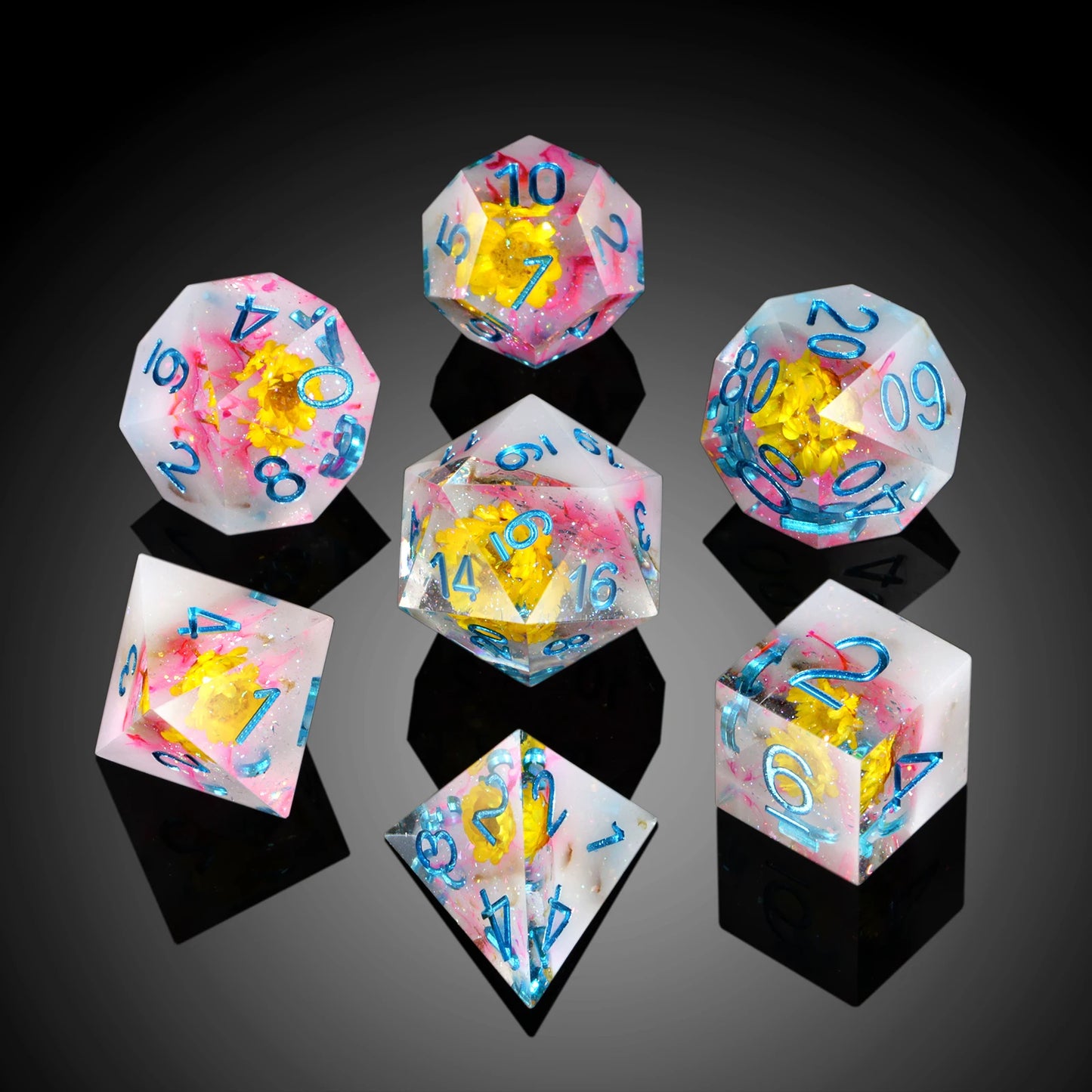 Sharp Edge Dice – Yellow Flower with Pink Swirl