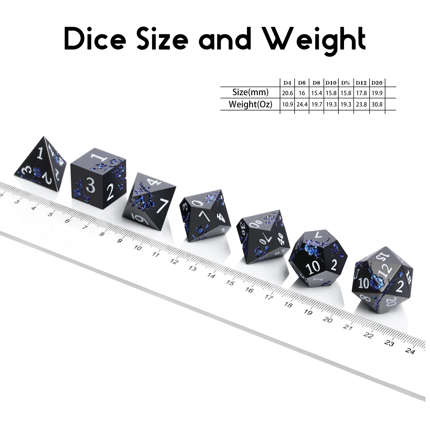 Plum Blossom Dice Set -  Black & Glitter Blue Flower
