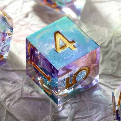 Shar Edge Dice Set - Shiny White liquid core with Rainbow iridescent plating