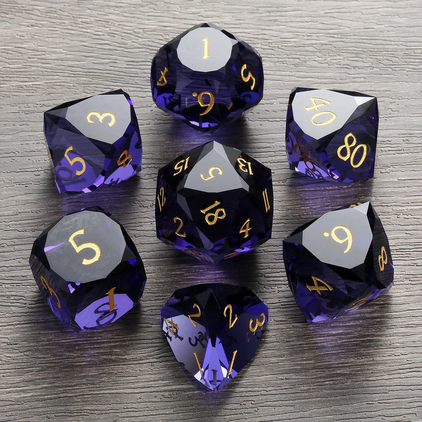 Glass Dice Set – Diamond-Cut Purple