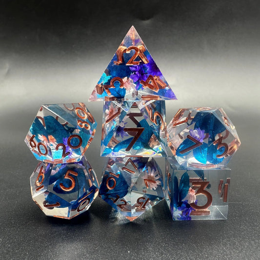 Sharp Edge Dice Set - Flowers with blue leaf