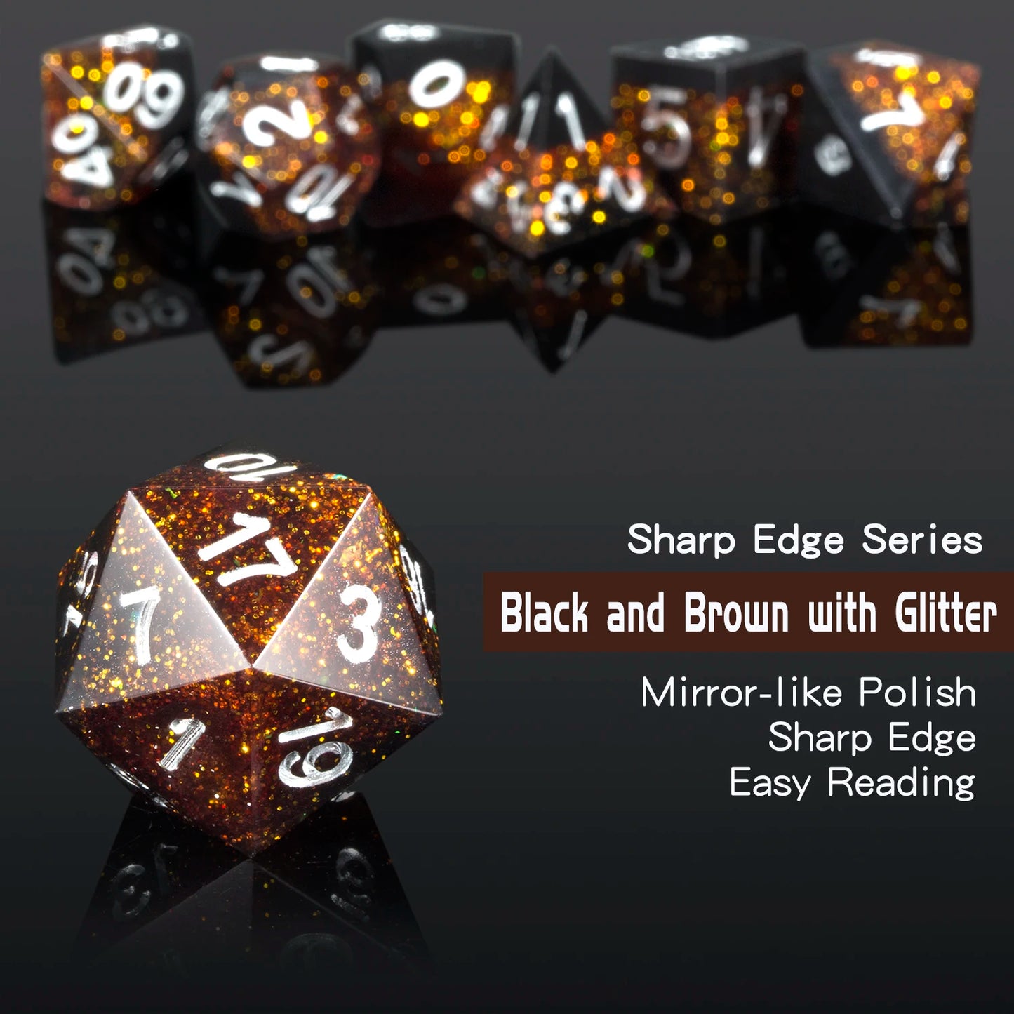 Sharp Edge Dice Set l Black & Brown with Glitter