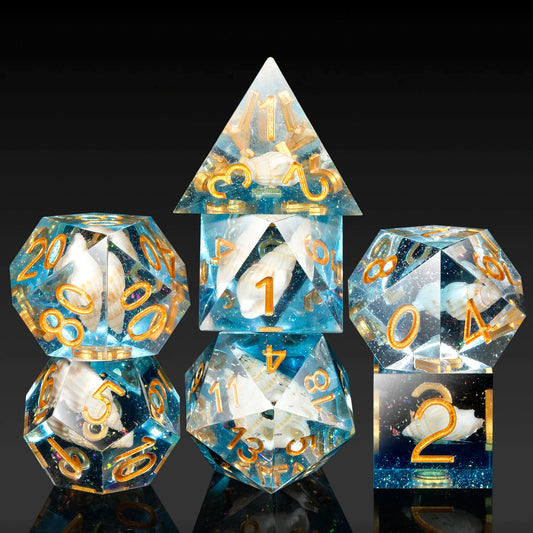 Sharp Edge Dice Set l Transparent and Sea- blue with Conch