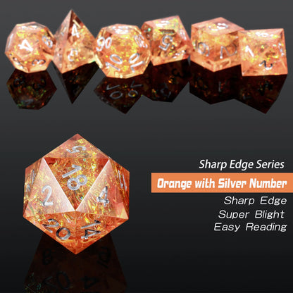 Sharp Edge Dice Set l Orange with silver numbers