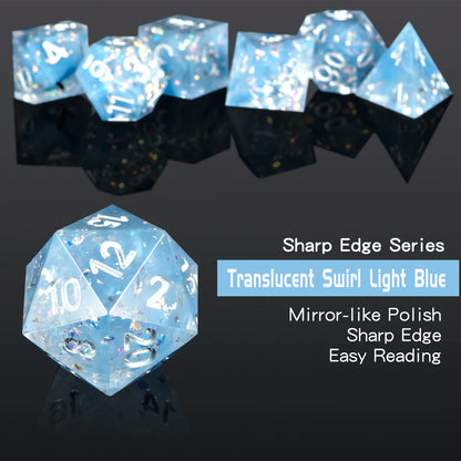 Sharp Edge Dice Set l Translucent Swirl Blue with Silver Number