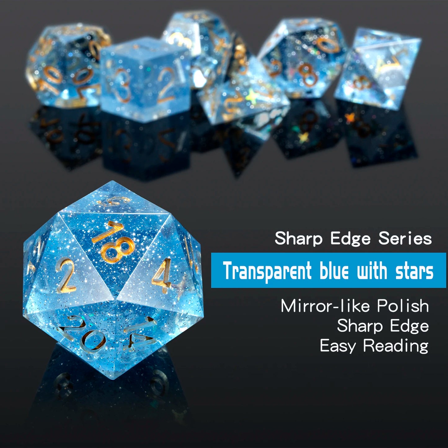 Sharp Edge Dice Set l Transparent blue with Stars