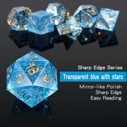 Sharp Edge Dice Set l Transparent blue with Stars