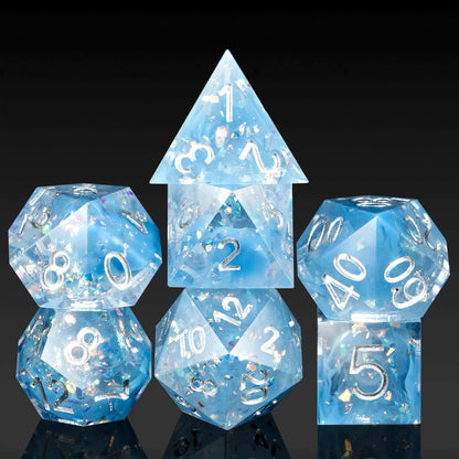 Sharp Edge Dice Set l Translucent Swirl Blue with Silver Number