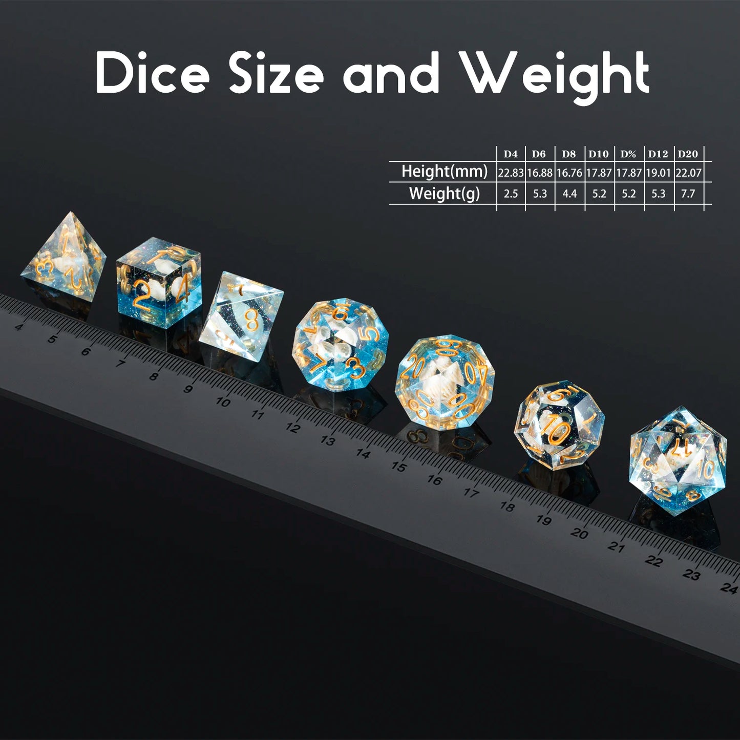 Sharp Edge Dice Set l Transparent and Sea- blue with Conch