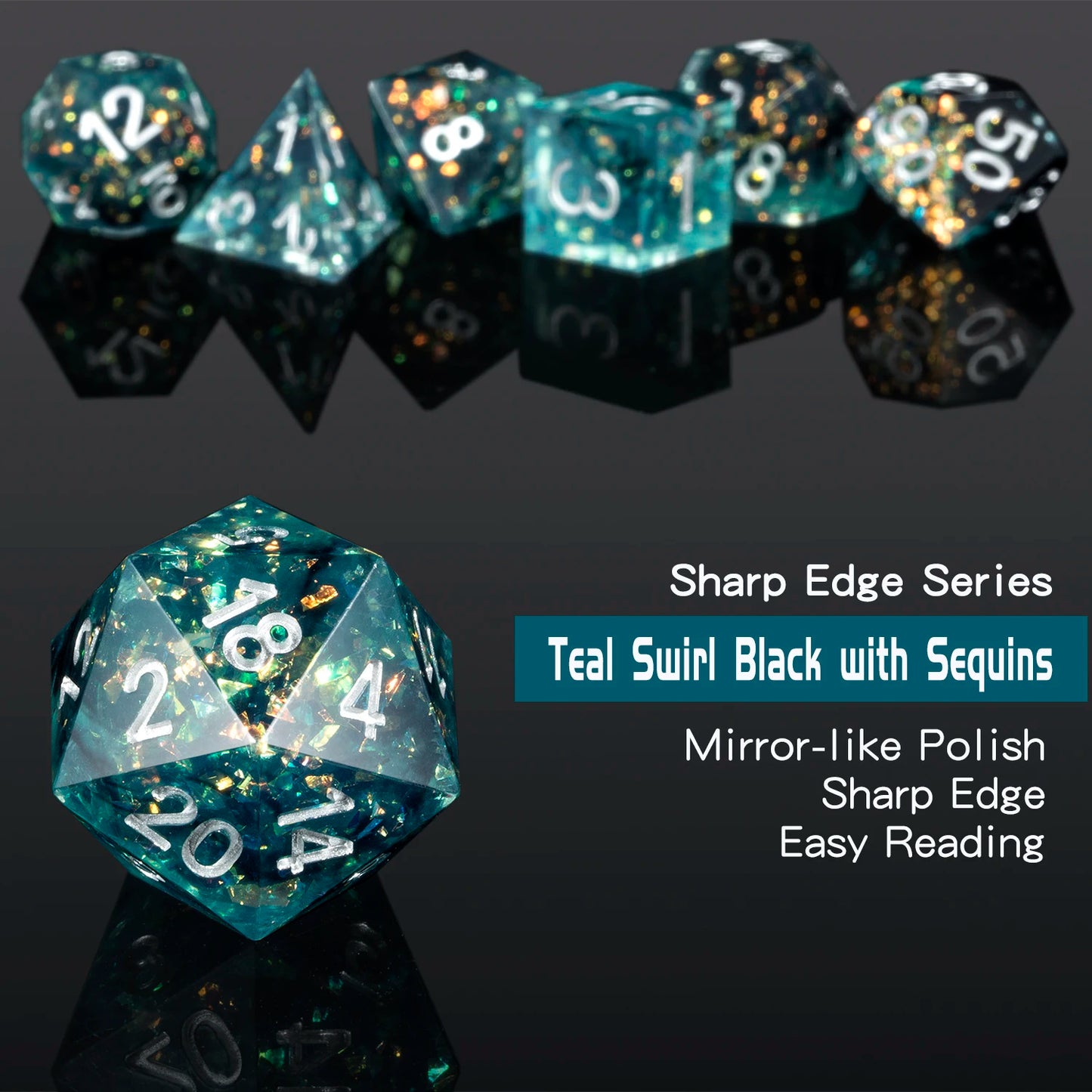 Teal Swirl Sharp Edge DND Dice Set
