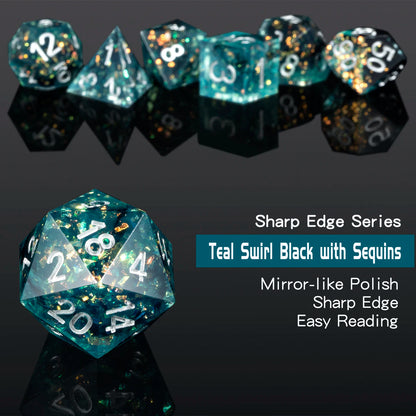 Teal Swirl Sharp Edge DND Dice Set